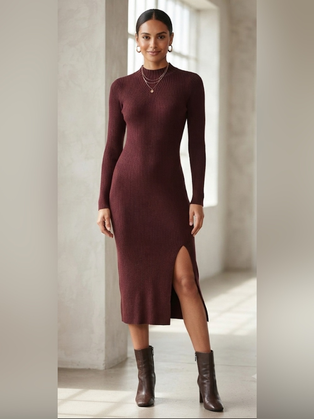 Lulu’s Ribbed Midi Dress with Side Slit - Rust Burgundy